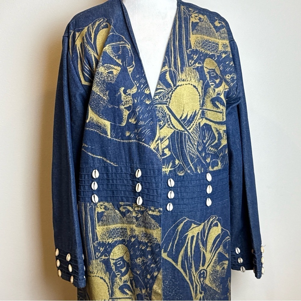 Molato African Denim Coat Jacket Duster Small Vintage 90s Gold Print